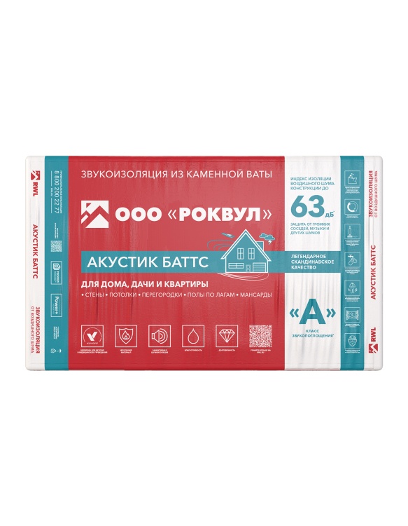 Утеплитель Роквул Акустик Баттс 1000х600х50 мм, 45 кг/м3, 10 шт. уп